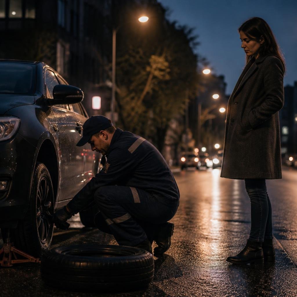 Mecânico de assistência trocando o pneu do carro de uma motorista em uma avenida