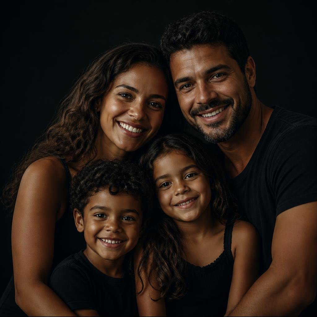 Família brasileira sorrindo, reunida e protegida